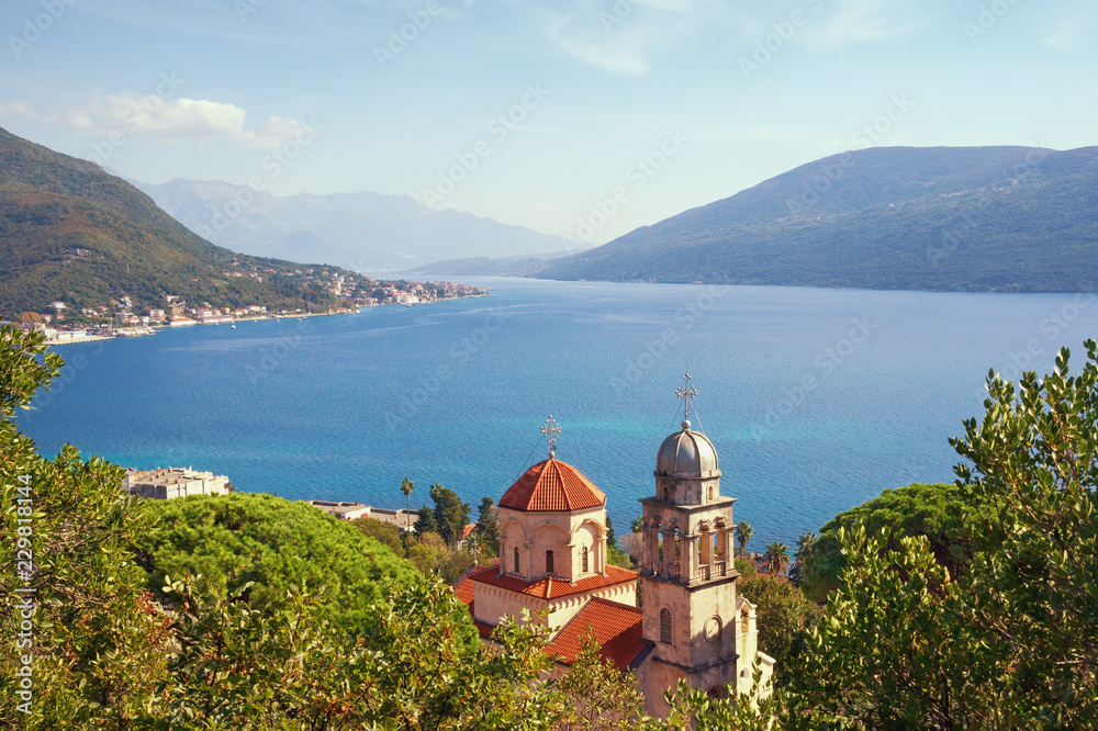 Beautiful autumn Mediterranean landscape. Montenegro, Adriatic Sea. View of Savina Monastery and Bay of Kotor near Herceg Novi city