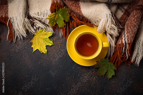 Autumn background with cup of tea, plaid and leaves