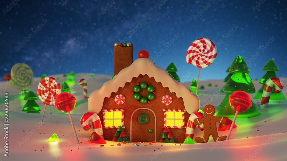 Fototapeta premium Gingerbread house Christmas night scene backgound, snowy night with stars. 3d rendering.