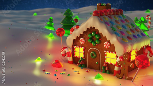 Gingerbread house Christmas night scene backgound, snowy night with stars. 3d rendering.