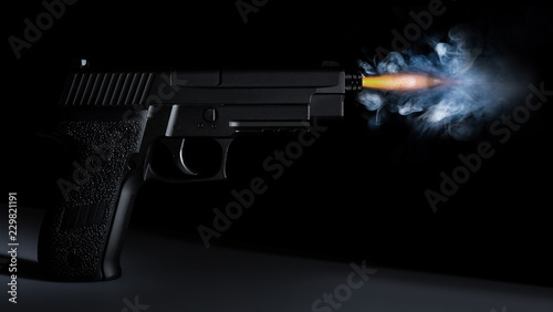 shot from a handgun with a bullet in motion, fire and smoke 