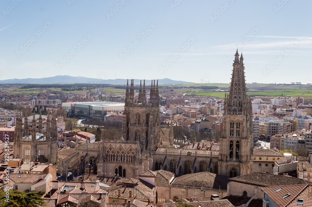 Panoramic view of the city of Burgos, with its cathedral in the center, a sunny summer day