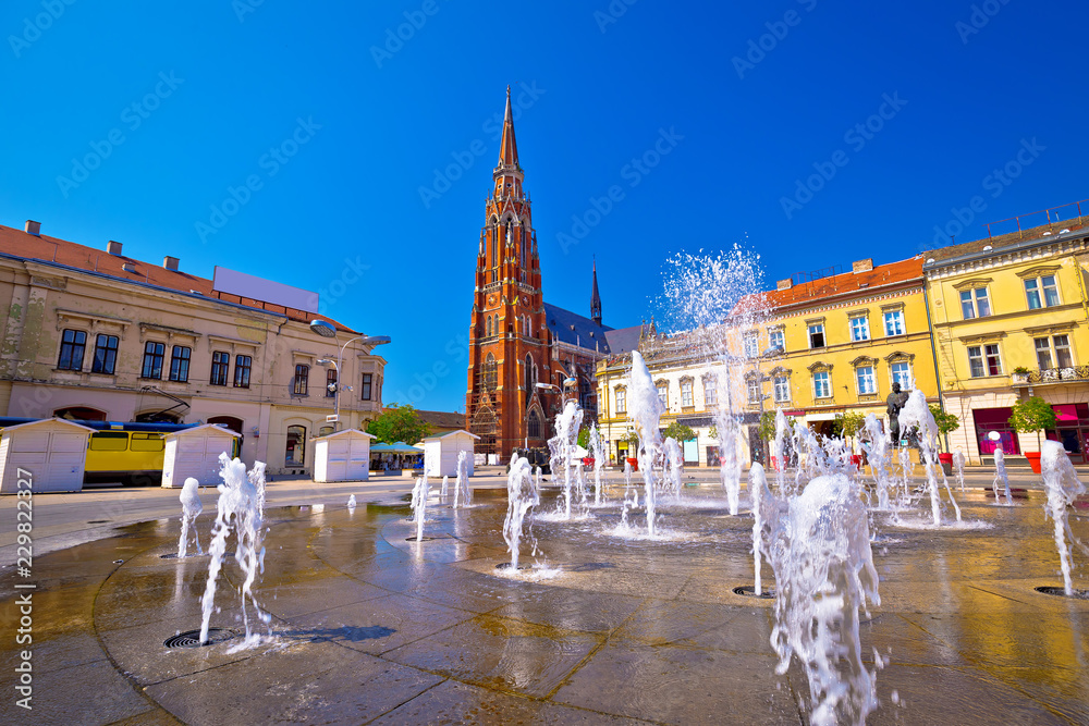 Osijek main square fountain and cathedral view - obrazy, fototapety, plakaty 