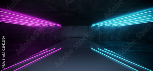 Dark Purple Blue Neon Glowing Tubes Futuristic Modern Empty Sci Fi Grunge Concrete Reflective Room With White Lights And Stage Arena Background Spaceship Glowing 3D Rendering