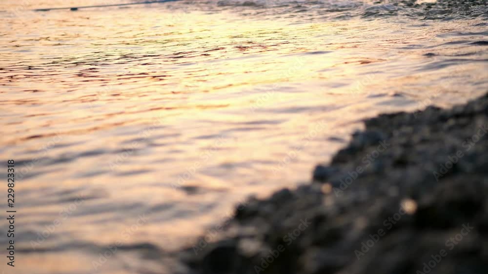 close-up, sea surf, tide, sea waves on the sand beach. in the rays of the sun, warm summer sunset, close-up, sea surf, tide, sea waves on the sand beach. in the rays of the sun, warm summer sunset,