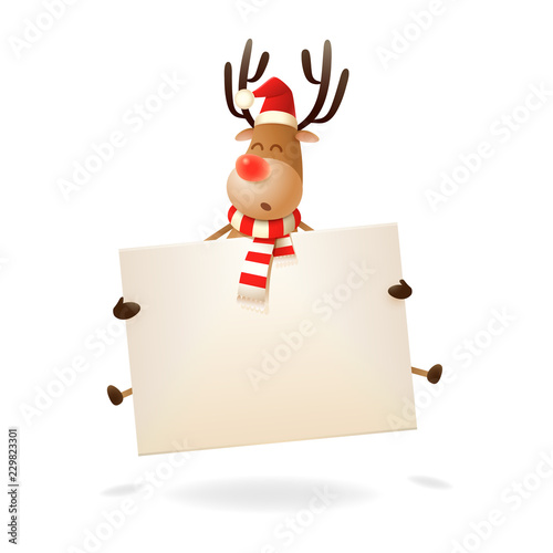 Merry Christmas and happy New Year greeting - Reindeer jumping with board