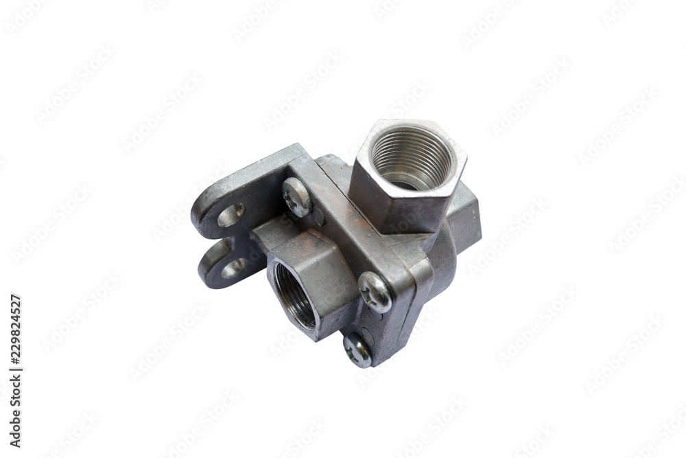 Valve by-pass dual-line pneumatic brake system of a truck on an isolated white background Valve by-pass dual-line pneumatic brake system of a truck on an isolated white background