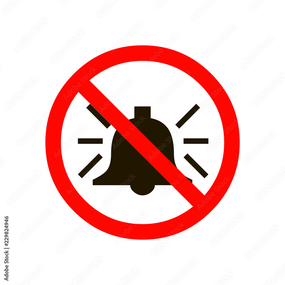 NO SOUND round crossed out sign. Alarm bell icon. Keep quiet symbol. Vector. NO SOUND round crossed out sign. Alarm bell icon. Keep quiet symbol. Vector.