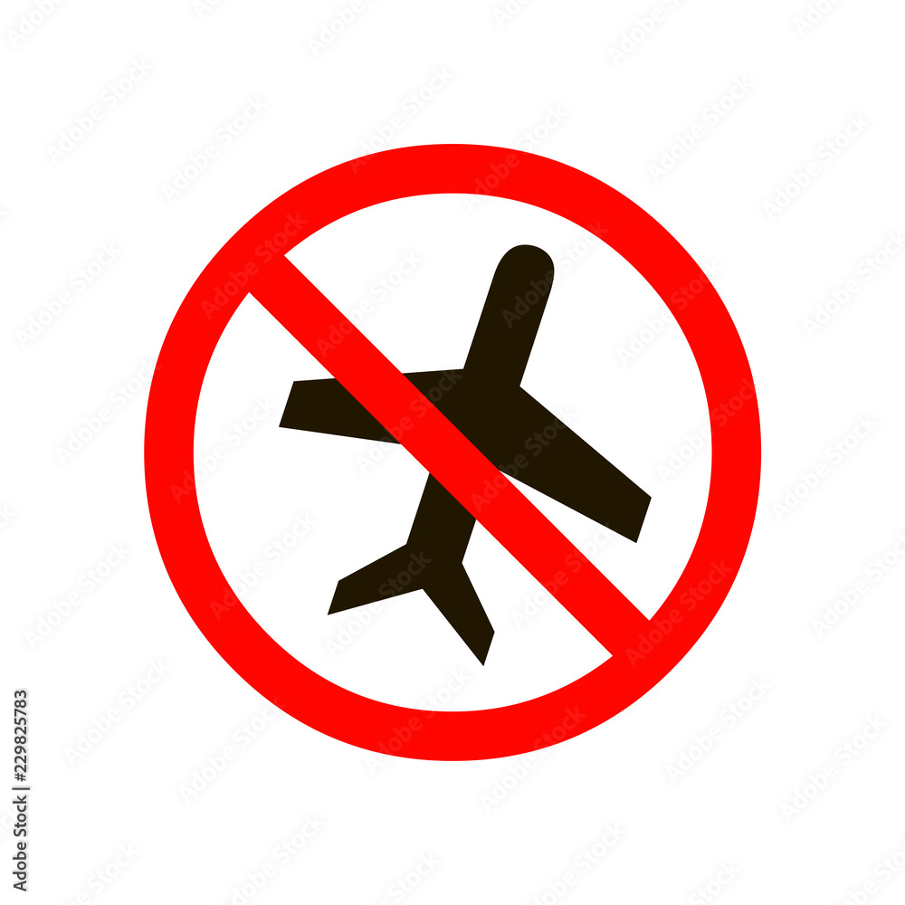 No Airplane sign. Plane symbol. Travel icon. Flight flat label. Red