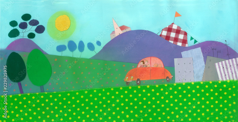 paper and textile collage illustration of a car driving through the colorful landscape