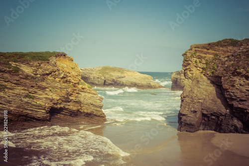 Playa de las catedrais (cathedrals beach), in galicia, Spain. Famous touristic destination beach from atlantic coast in Spain. General travel imagery