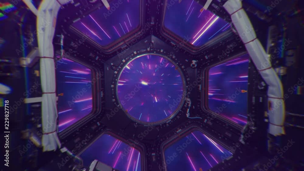 Abstract retro hyper jump in outer space on a spaceship view from the window, element finished by NASA