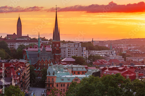 Scenic aerial view of the Old Town with Oscar Fredrik Church in the gorgeous sunset, Gothenburg, Sweden. photo