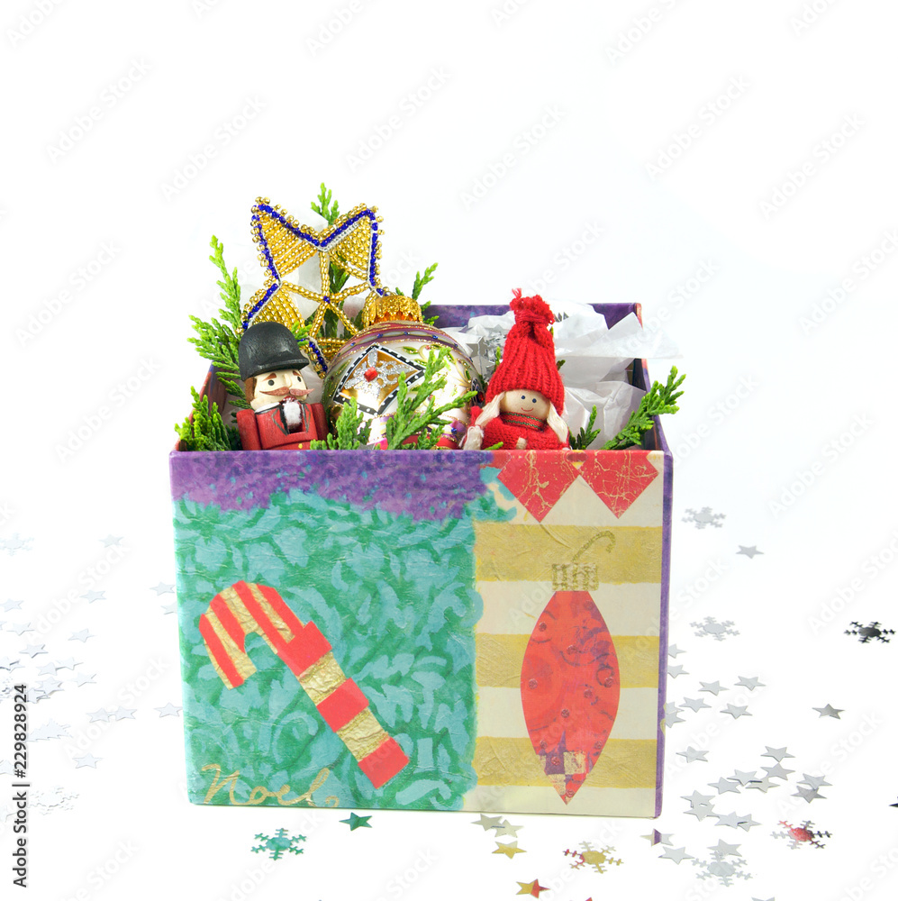 Christmas decorations in a box