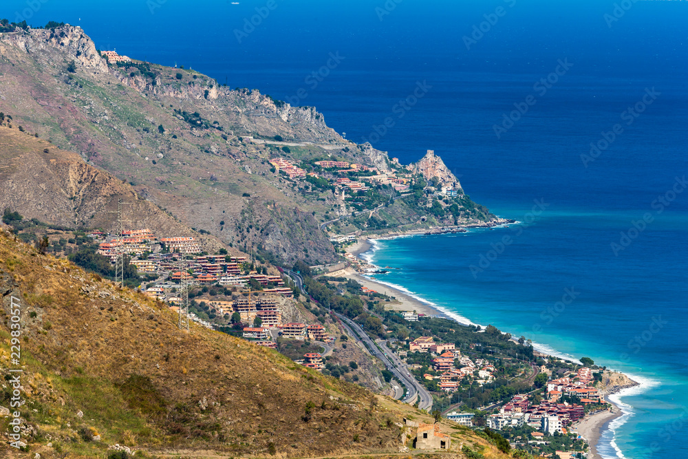 View of Taormina's coastline from Castelmola village. Castelmola, Sicily, Italy.