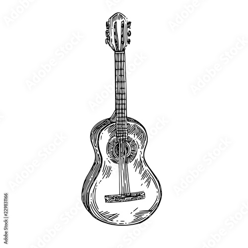 Wooden guitar. Sketch. Engraving style. Vector illustration.