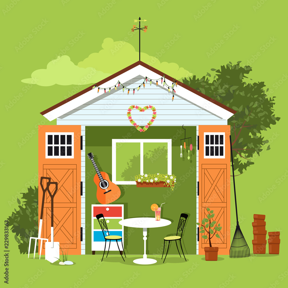 She shad in a garden with a set of furniture, gardening tools and art and craft station, EPS 8 vector illustration