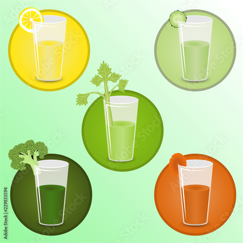 Smoothies with broccoli, celery, cucumber, carrots. Health care lifestyle cocktails vector illustration .Green, dark green, orange , light green , yellow , lime green.