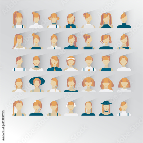 Avatar female blond hair, human faces social network icons vector illustration 35 icons with other hairstyle. flat .