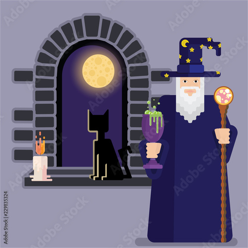 Pixel mage with  bowl and staff and night window . Cool and funny cartoon charachter for games and books. Wizard  for print and web