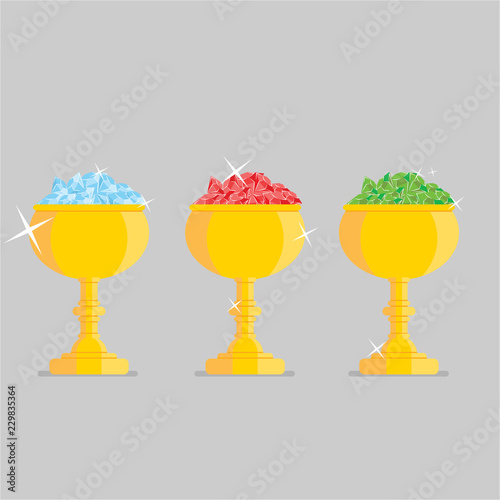 Treasure bowls, diamons and rubins vector illustration for games winer prize wealth.