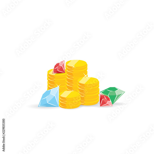 Treasure stacks of coins diamons and rubins vector illustration for games winer prize wealth first place.