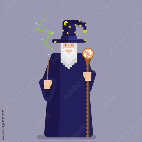 Pixel wise mage with wand and staff . Cool . and funny cartoon charachter for games and books. Wizard for print and web