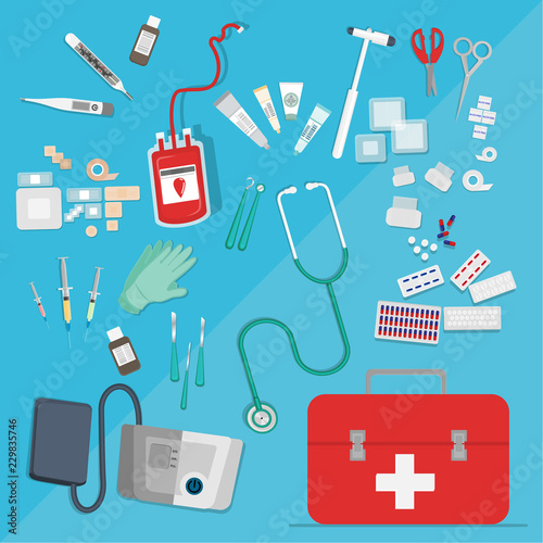 Medical equipment flat web and print illustration doctor medical supplies, first aid help , creative concept for medical care vector cartoon illustration set for health care .