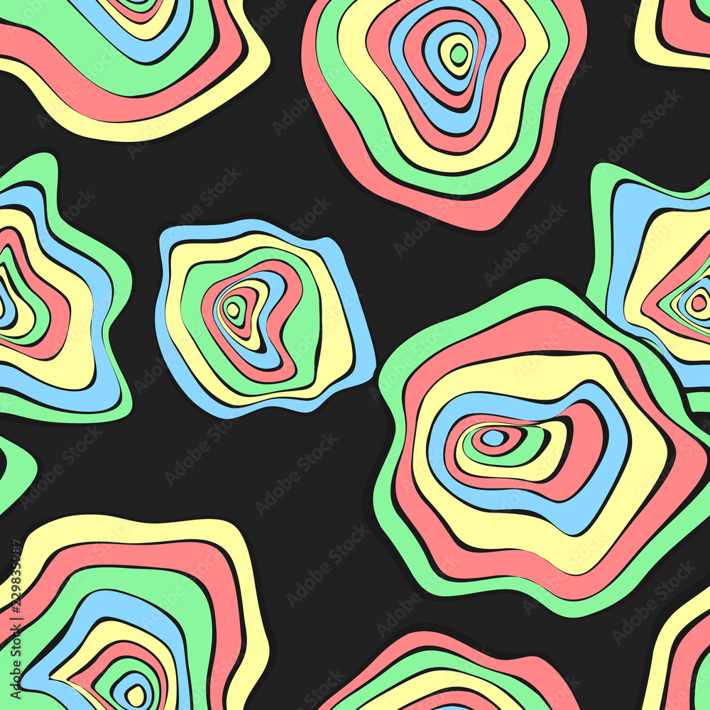 Wavy Deformed Spots. Purple Abstract Background. Seamless Pattern with Distorted Circles. Vector Psychedelic Illustration with Colorful Rounds. Wave Seamless Pattern for Fabric, Textile, Cloth Design.