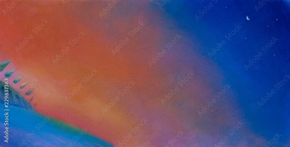 Obraz premium crayon and watercolor illustration of fiery sunset sky with sea landscape