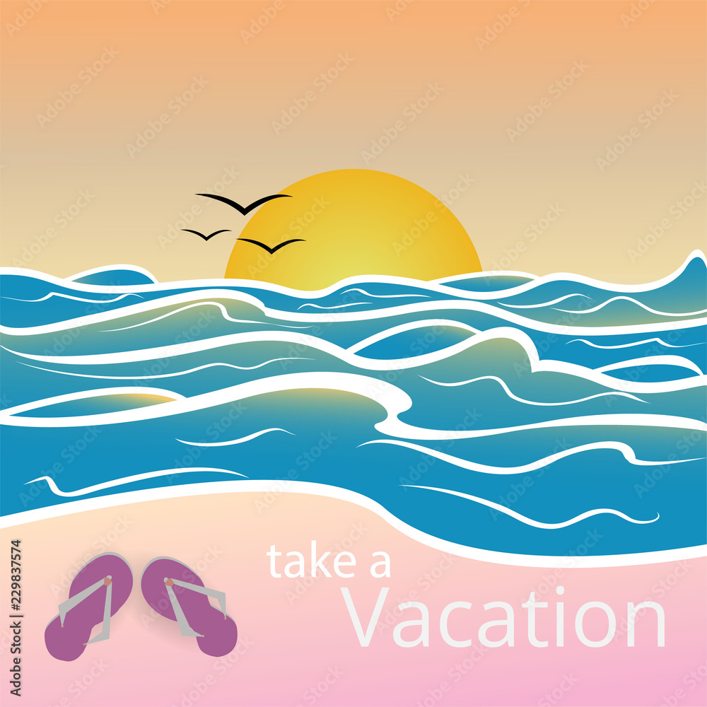 Naklejka premium Take a vacation poster . Beach sunset in pink and blue colors.