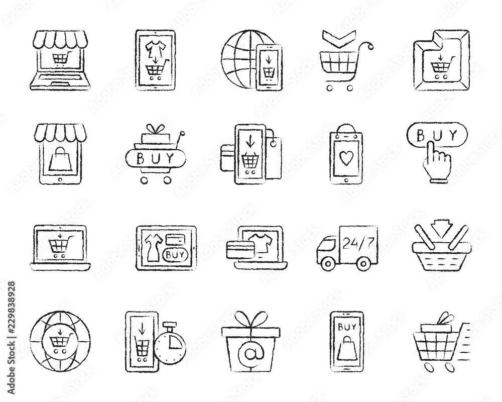 Online Shop charcoal draw line icons vector set Online Shop charcoal draw line icons vector set