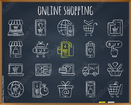 Online Shop chalk draw line icons vector set