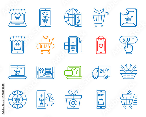 Online Shop simple color line icons vector set