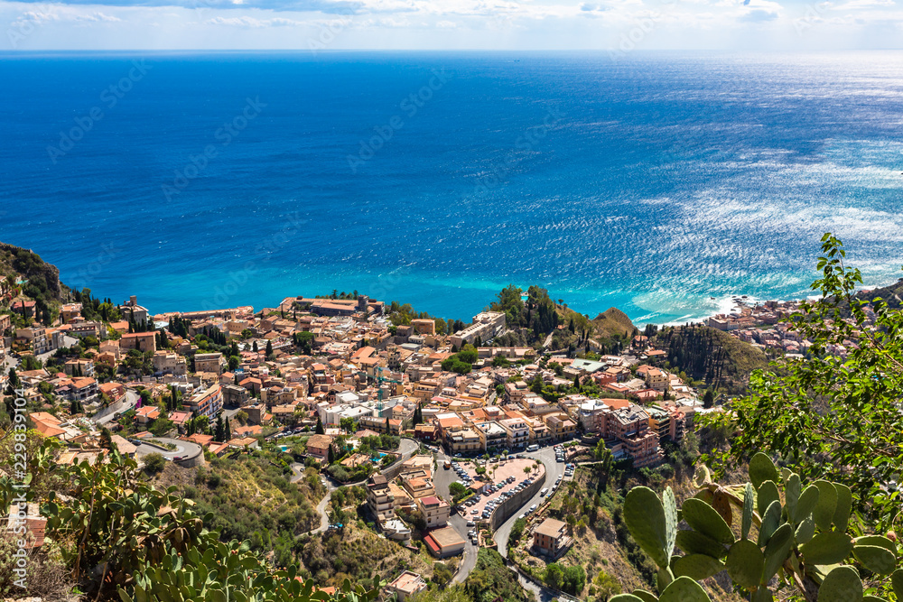 The view from the small village Castelmola at mountain top above Taormina, with the view of Mediterranean Sea and the skyline of Taormina.