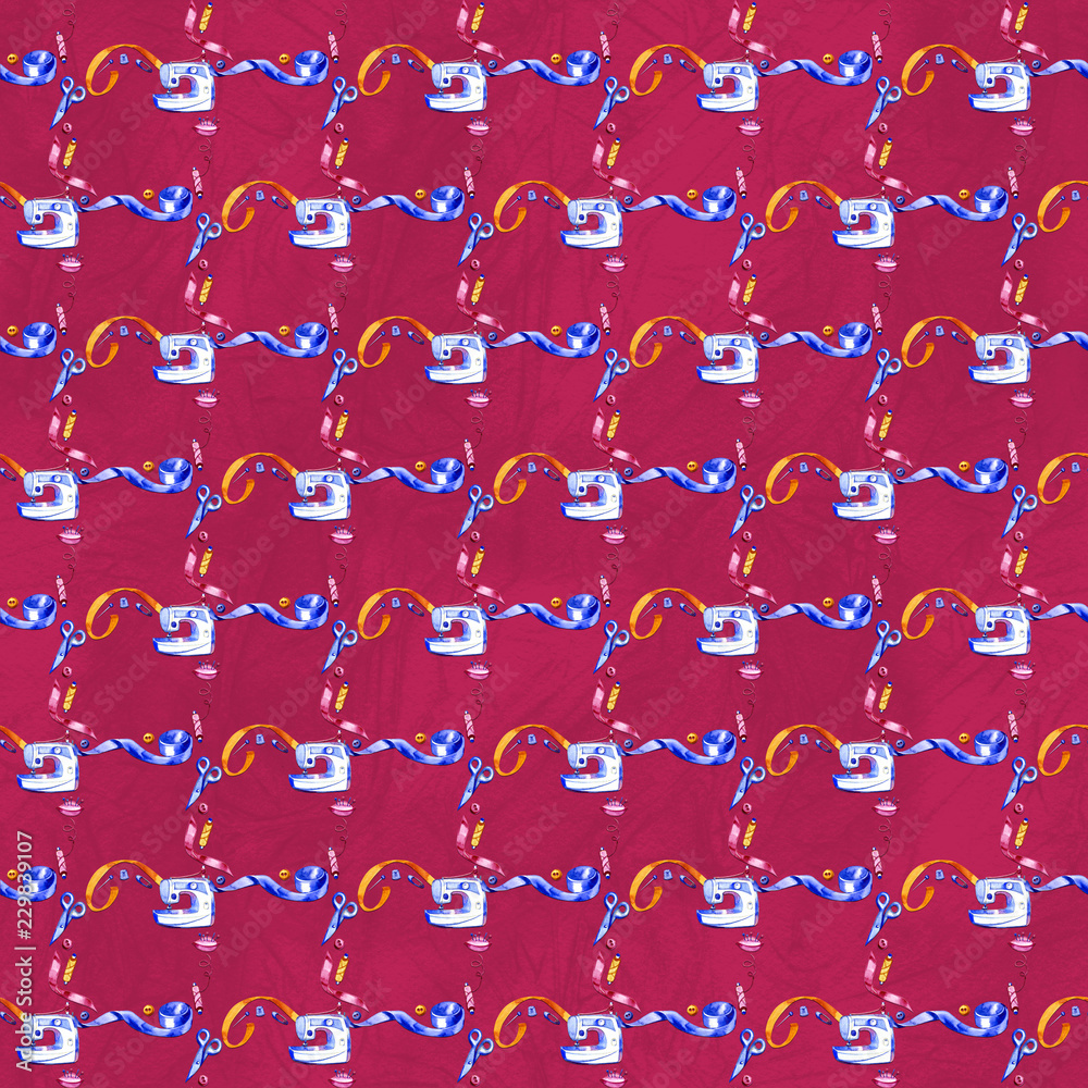 Seamless watercolor pattern of various sewing tools. Sewing kit, accessories and equipment for sewing. Scissors, buttons, bobbins with thread and needles Seamless watercolor pattern of various sewing tools. Sewing kit, accessories and equipment for sewing. Scissors, buttons, bobbins with thread and needles