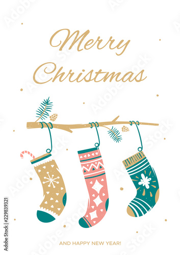 Greeting card with Christmas socks. Vector illustration in cartoon style.
