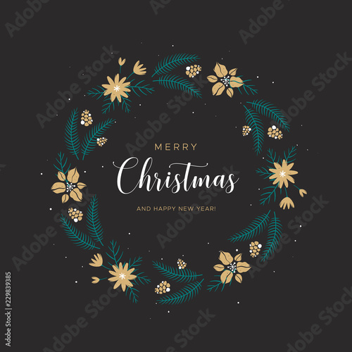 Christmas wreath with leaves, flowers and pine branches on the black background. Unique design for your greeting cards, banners, flyers. Vector illustration in modern style. © Aleksandra Kholodova