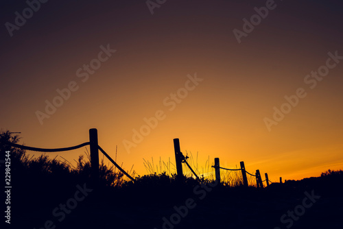Warm sunset with silhouette of beach dunes