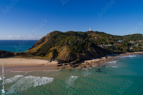 Byron Bay, New South Wales/Australia - 18 August 2018: Aerial drone image over the beach and water at Byron Bay.