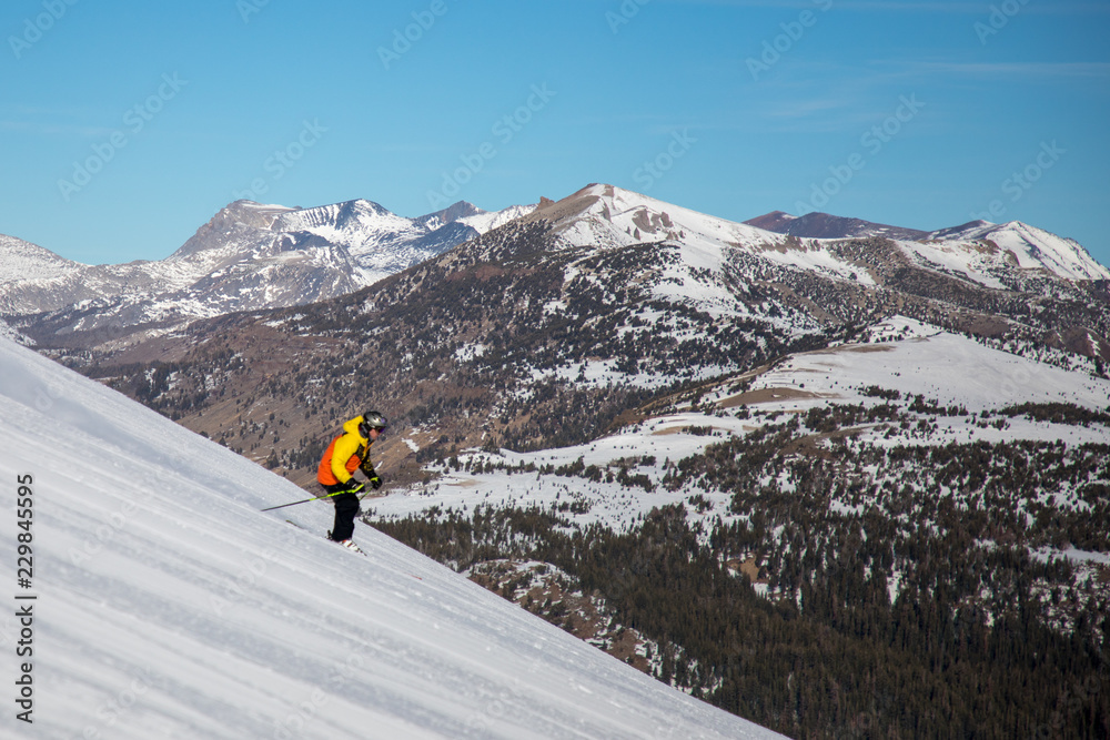 Skier with mountains in background