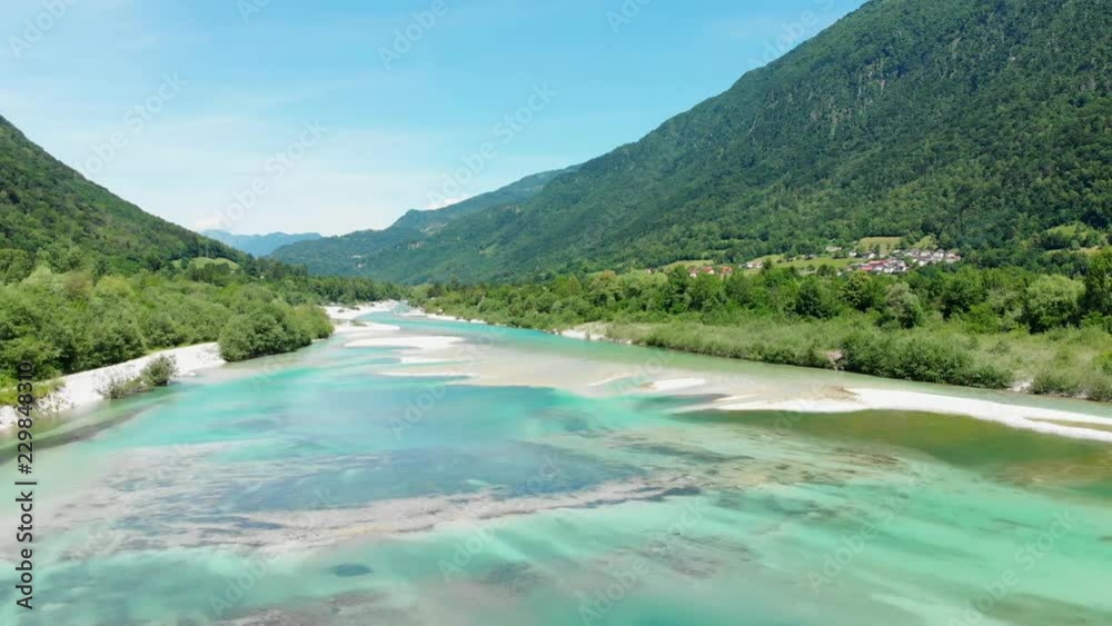 Aerial view of beautiful river. Flying low over Soca River in Slovenia.