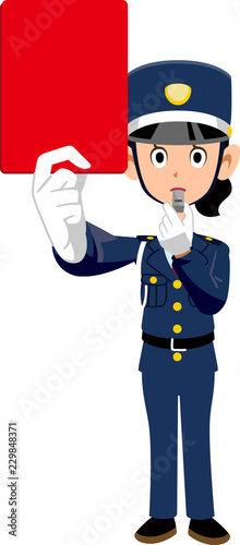 レッドカードを見せる警備員の女性
