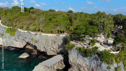 Aerial Crane video of Steep Cliff Shoreline with beautiful sea, coral, mangrove forest & sky landscape photo