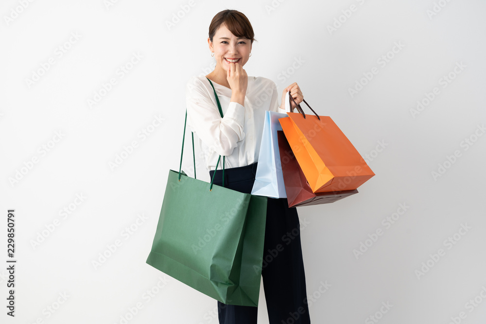 young asian woman shopping image on whtie background