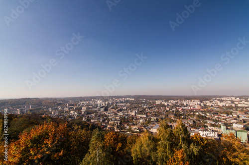 View on Lviv city, aerial panorama in orange colors