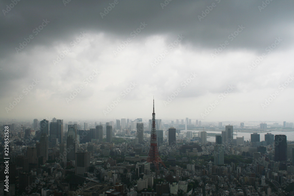Downtown Tokyo skyline seen from Roppongi Hills before a storm.
