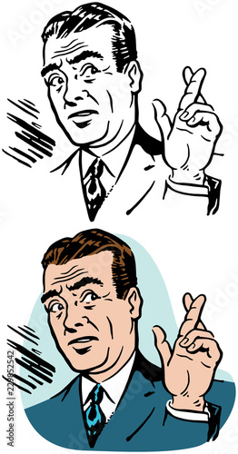 A businessman with a worried expression crossing his fingers.