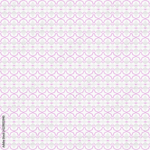 Seamless abstract pattern of four-pointed stars and other shapes in white, gray, purple colors (violet line art). Vector illustration, EPS10, for wallpaper, gift wrap paper, tile print, etc.