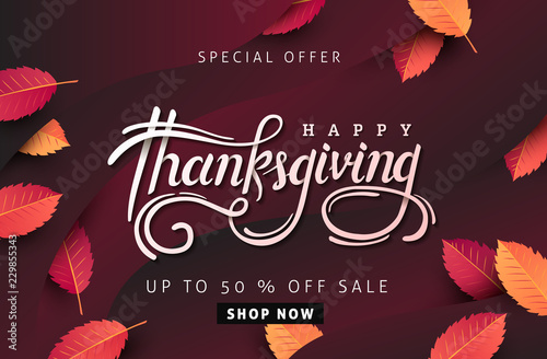 Thanksgiving day banner background. Celebration quotation for card.vector illustration.Autumn season Calligraphy of "Thanksgiving".